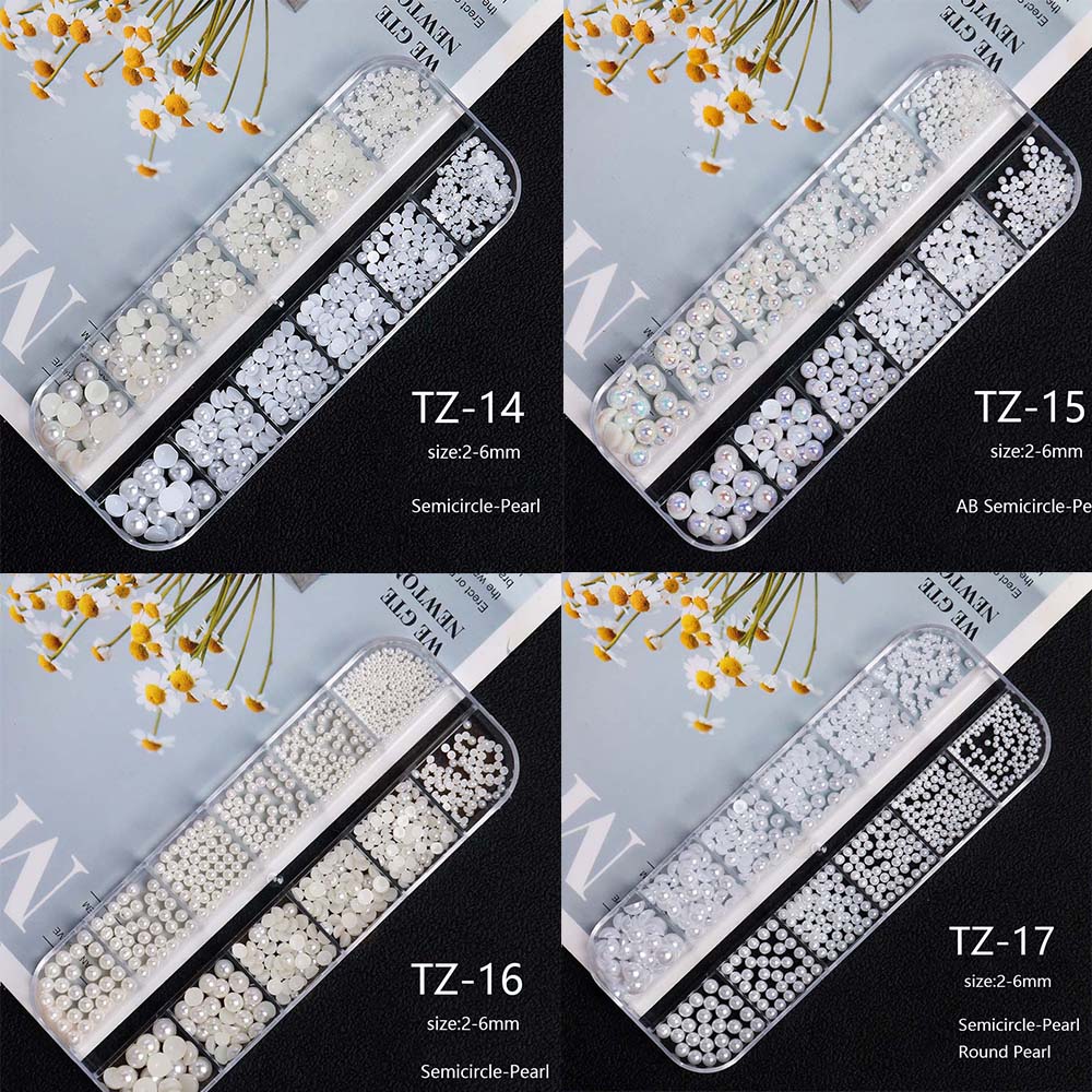 [Hàng mới về] Hộp ngọc trai giả 12 ngăn bằng nhựa AB hình bán nguyệt nhiều kích thước trang trí móng 3D DIY