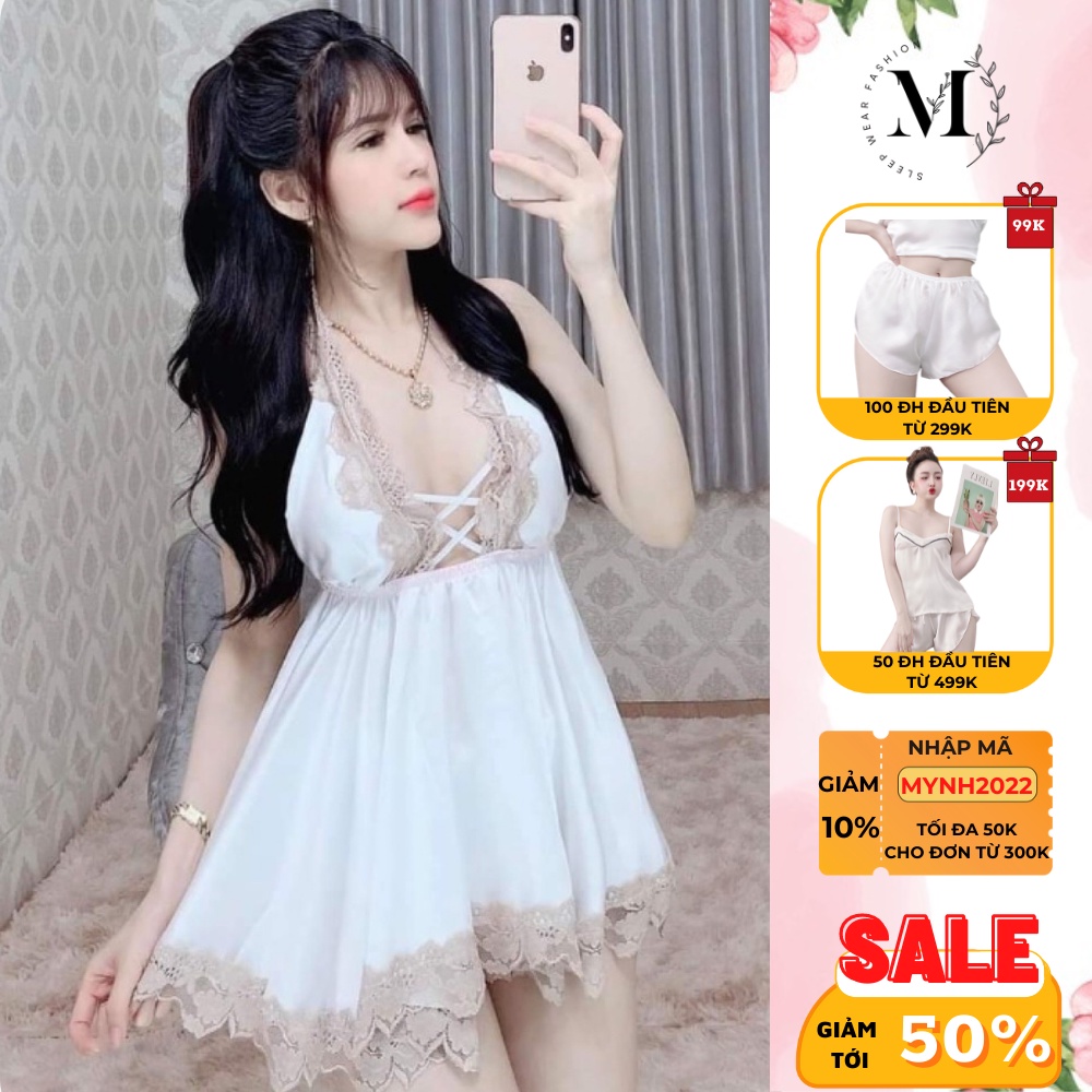 [ Lụa Cao Cấp ] Đồ ngủ sexy đan dây ngực phối ren gợi cảm mặc nhà chất liệu lụa satin mềm mịn 015