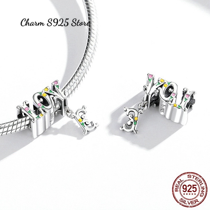 CHARM XỎ NGANG LOVE HOA LÁ BẠC S925 CAO CẤP HÀNG HÃNG