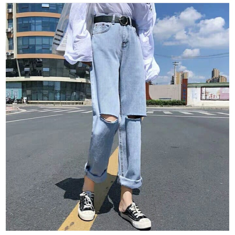 [ ĐẸP KHÔNG TỲ VẾT!!! ] QUẦN JEAN ỐNG RỘNG NỮ CAO CẤP BABO LƯNG SIÊU CAO MÀU XANH NHẠT RÁCH 2 GỐI CỰC CÁ TÍNH CỰC PHONG