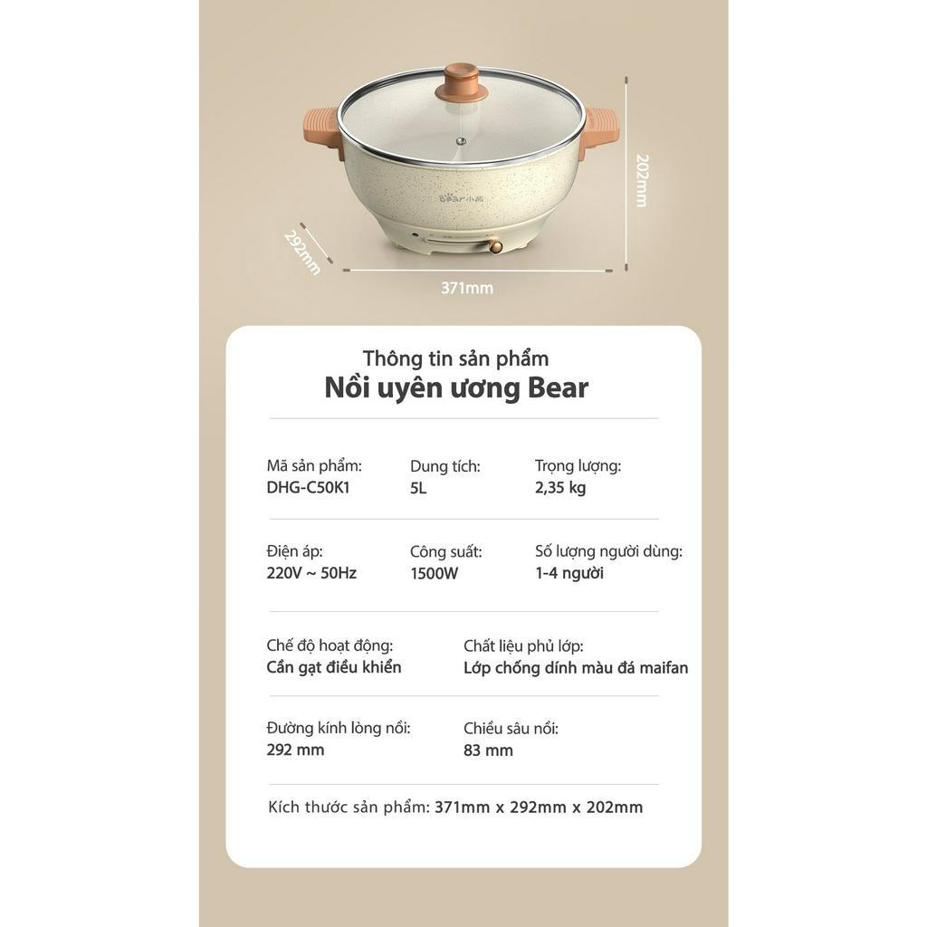 Nồi lẩu uyên ương Bear 5L DHG C50K1, Công suất 1500W, 2 ngăn tiện lợi công suất mạnh đa năng, Hàng Chính Hãng,BH 18 Th