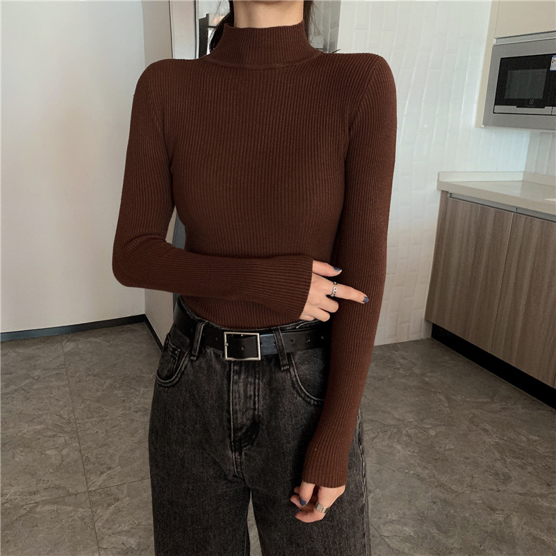 Xiaozhainv Áo sweater dệt kim ôm dáng dài tay cổ lọ trẻ trung cho nữ