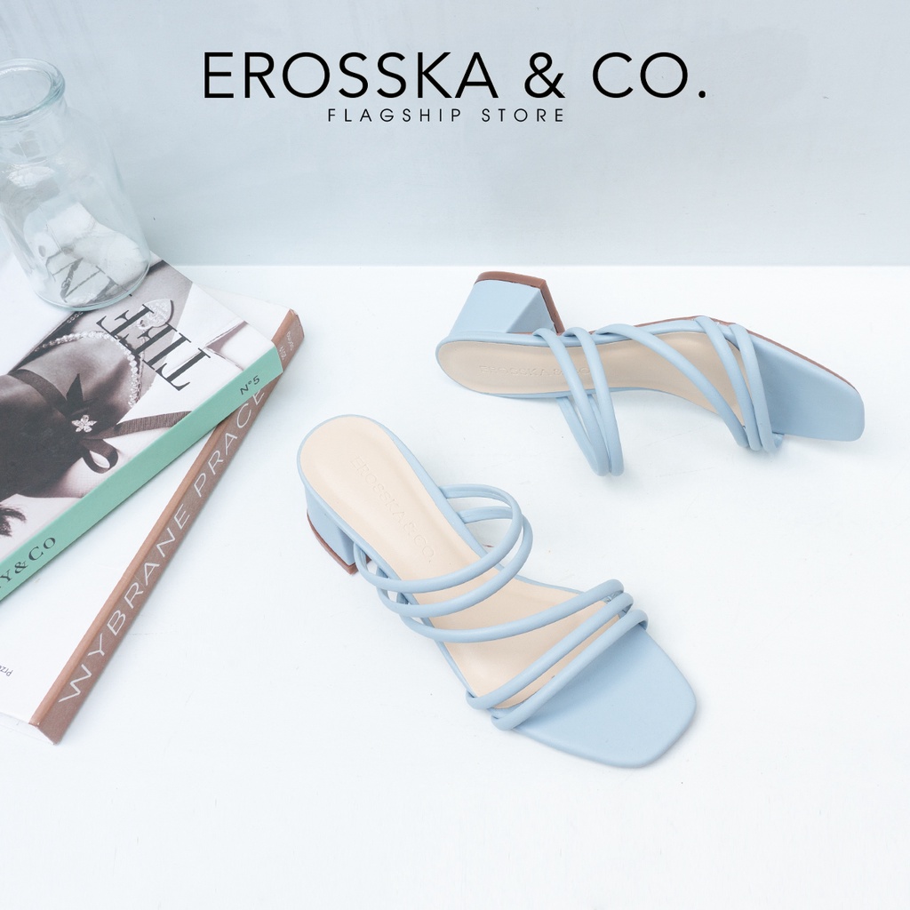 Erosska - Dép cao gót nữ mũi vuông phối dây quai phong cách Hàn Quốc cao 4cm màu xanh - EM086