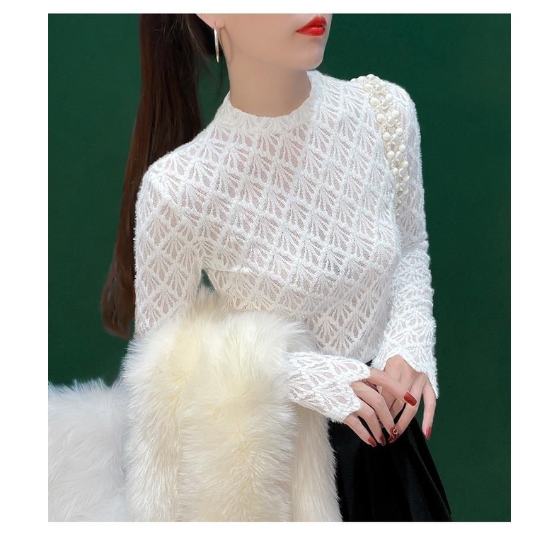 Áo Kiểu Tay Dài Dáng Ôm Phối Ren Lưới Thời Trang Xuân Thu Phong Cách Hàn Quốc Quyến Rũ Cho Nữ