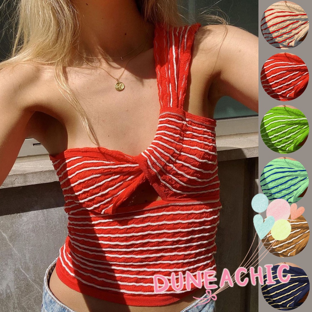 DUNEA Áo Tank Top Len Kẻ Sọc Một Bên Vai Thời Trang Cho Nữ