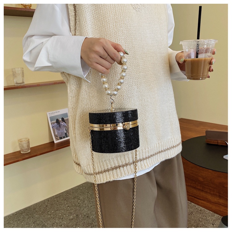 Túi đeo chéo IELGY kiểu hình trụ đính đá sáng bóng phối dây ngọc trai thời trang nhỏ gọn dành cho nữ