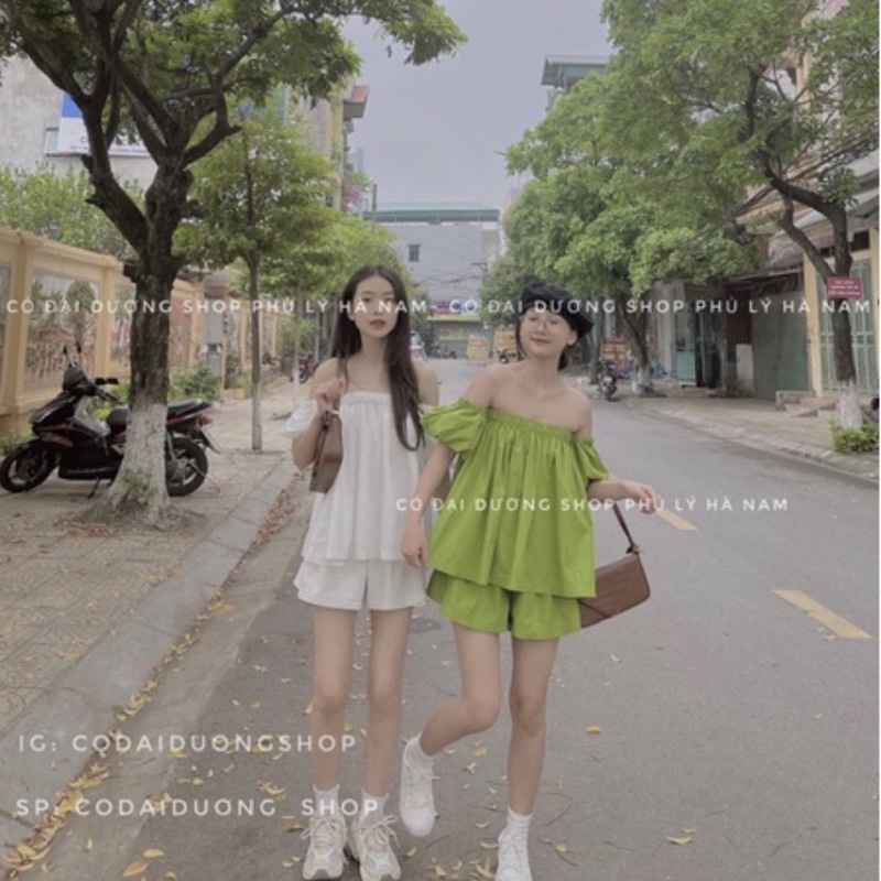 Set bộ trễ vai áo bệt vai hở lưng mix quần sooc chất thô mềm