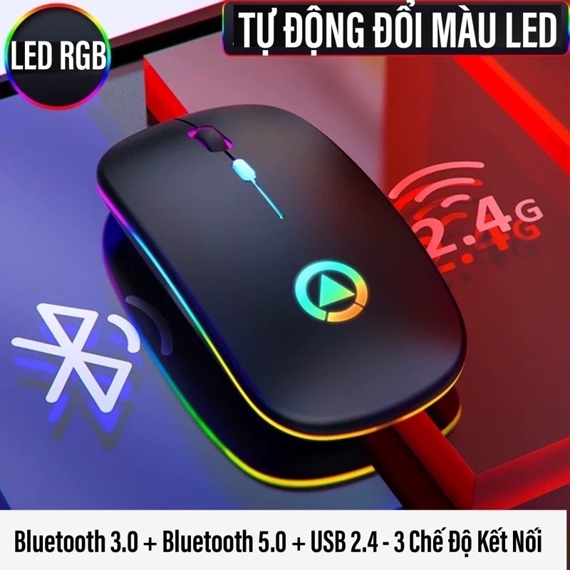 Chuột Không Dây USB 2.4 Và Bluetooth 3.0 Chống Ồn,Đèn Led RGB tự động đổi màu sang trọng .Pin Sạc Được Không Cần Thay