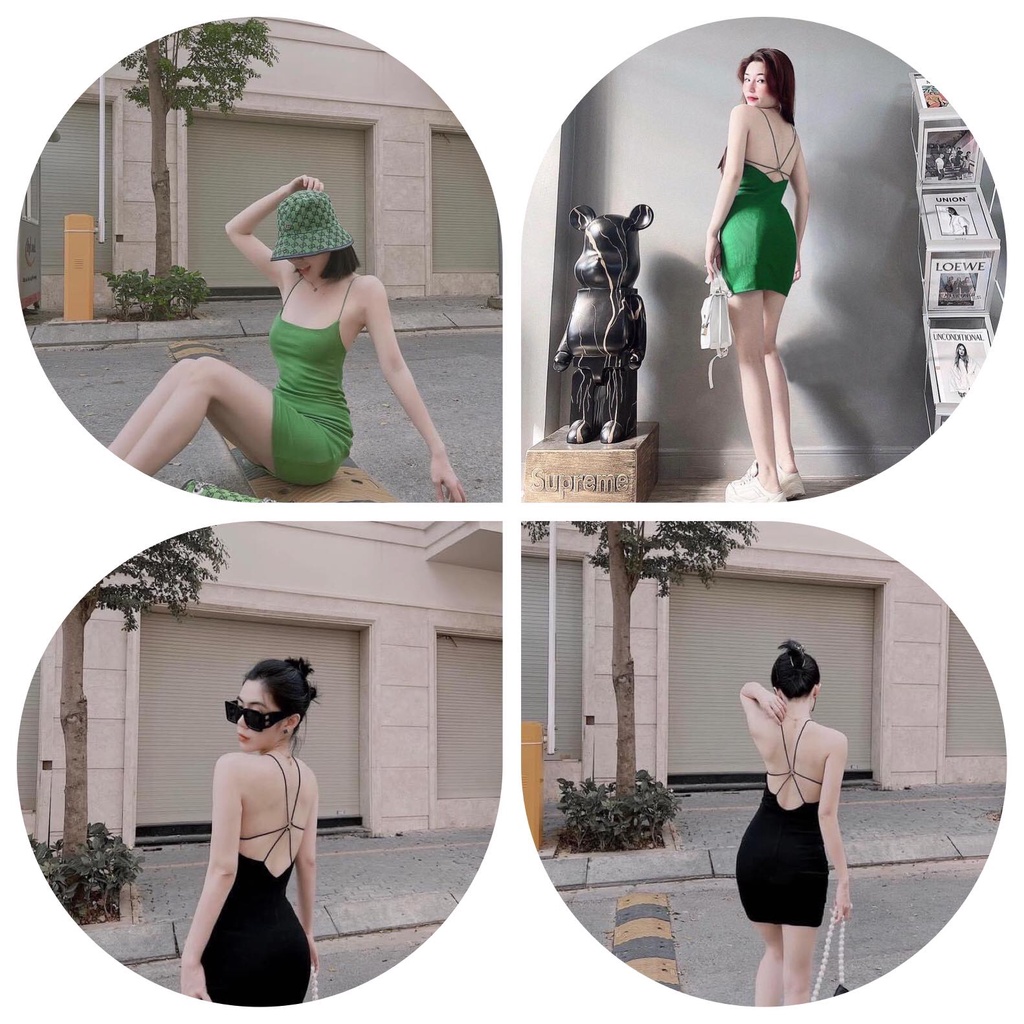 ĐẦM 2 DÂY ÔM BODY NGẮN HỞ LƯNG DÂY CHÉO CÓ SẴN MÚT NGỰC SEXY FREESIZE