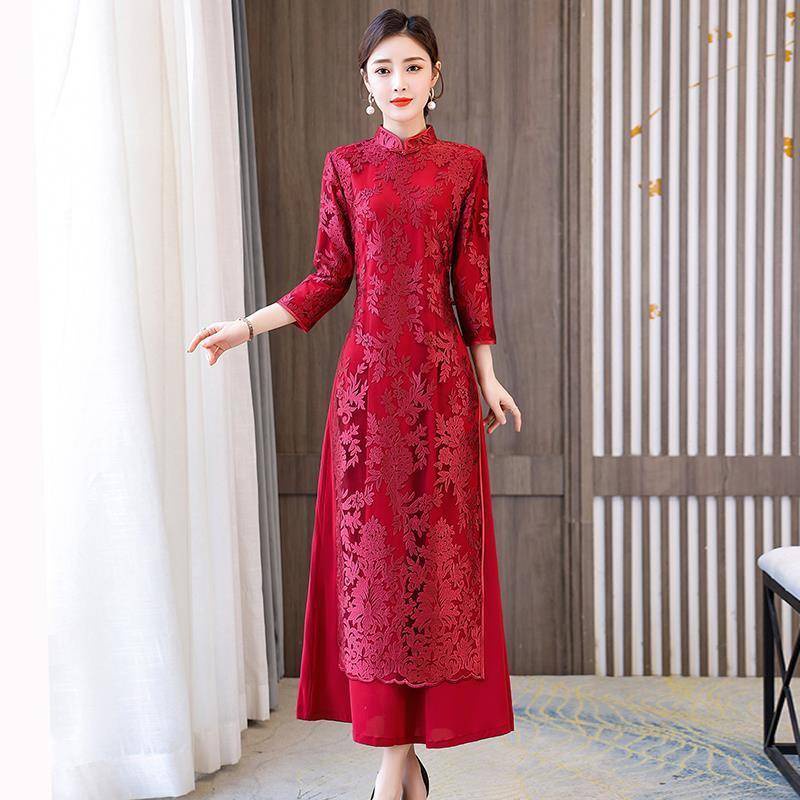 High-end cải tiến váy sườn xám của phụ nữ ren mùa thu và mùa đông phong cách phương tây mới slim fit giảm béo váy dài