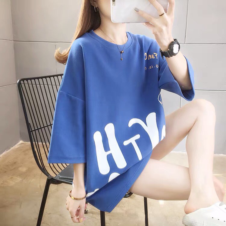 ÁO THUN CHỮ 2 MÀU (XANH-ĐEN). Áo thun tay lỡ form rộng Unisex 38-65kg Nam Nữ  [VIDEO + ẢNH THẬT]