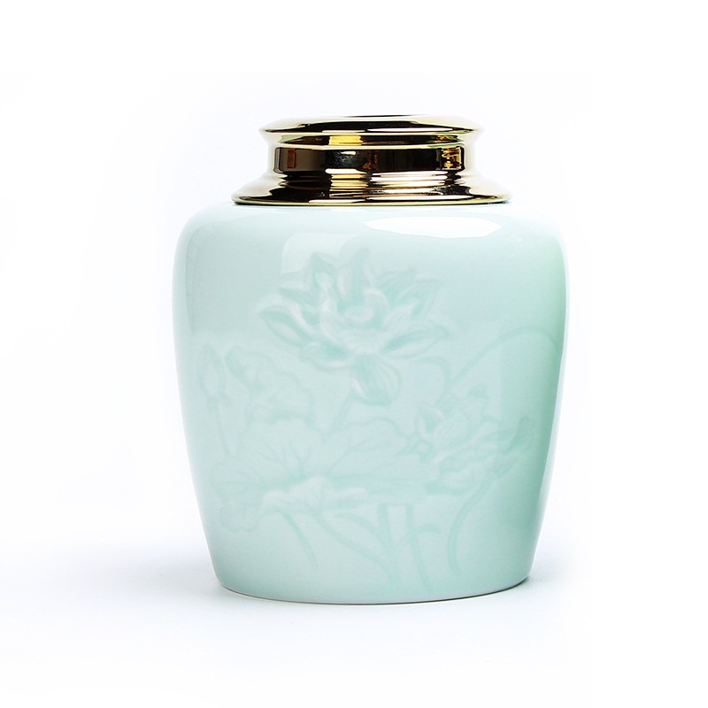 Hũ, Bình đựng trà bằng sứ men ngọc cao cấp với họa tiết hoa sen khắc chìm