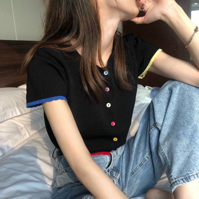 [Mã WASTUP giảm 10% tối đa 30K đơn 99K] Áo thun giấy croptop Ulzzang cúc nhiều màu phối viền | BigBuy360 - bigbuy360.vn