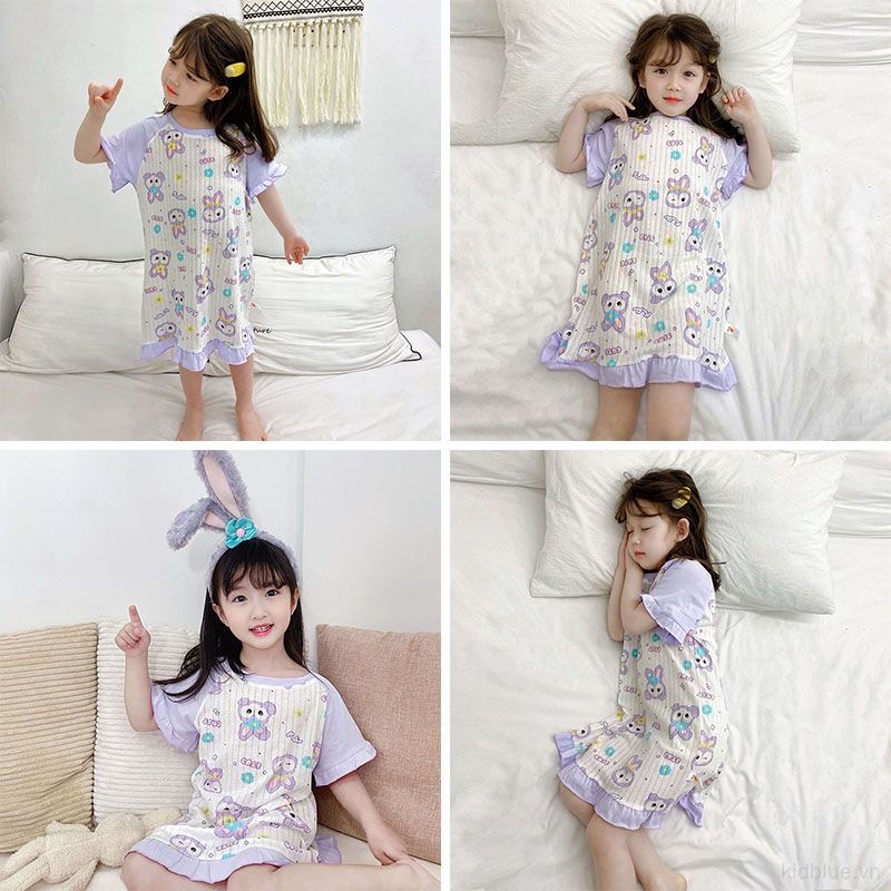 Đầm Ngủ Cotton Tay Ngắn Cổ Tròn Thoáng Khí Thời Trang Mùa Hè Cho Bé Gái