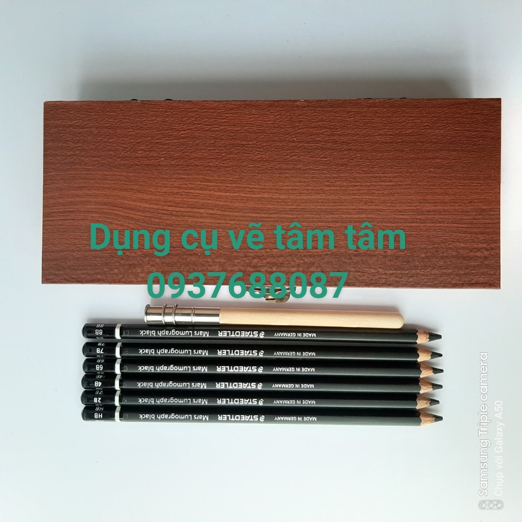 [ TÂM TÂM ]-Chì phác thảo Staedtler than đen Bộ 6 cây kèm nối chì và hộp gỗ-