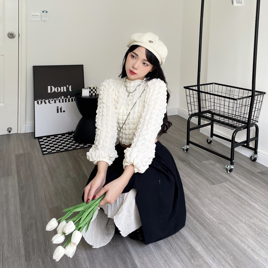 SS0331 Áo nữ chất vải xốp phồng dài tay cổ 3 phân nhiều màu