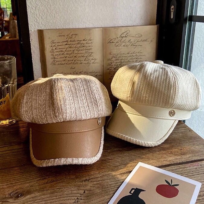 Mũ beret da PU họa tiết kẻ sọc thời trang retro cho nữ
