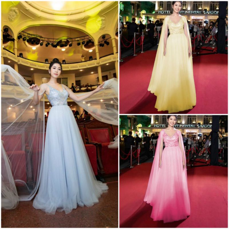 Đầm váy dạ hội kết đá phối tà lưới vai lộng lẫy sang trọng