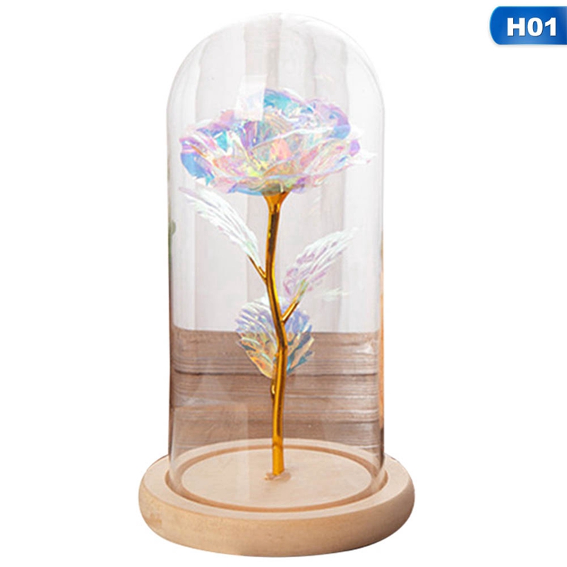 Bộ hộp hoa hồng bất tử bằng lá vàng + dây đèn LED trang trí với thiết kế đế gỗ độc đáo dùng trang trí
