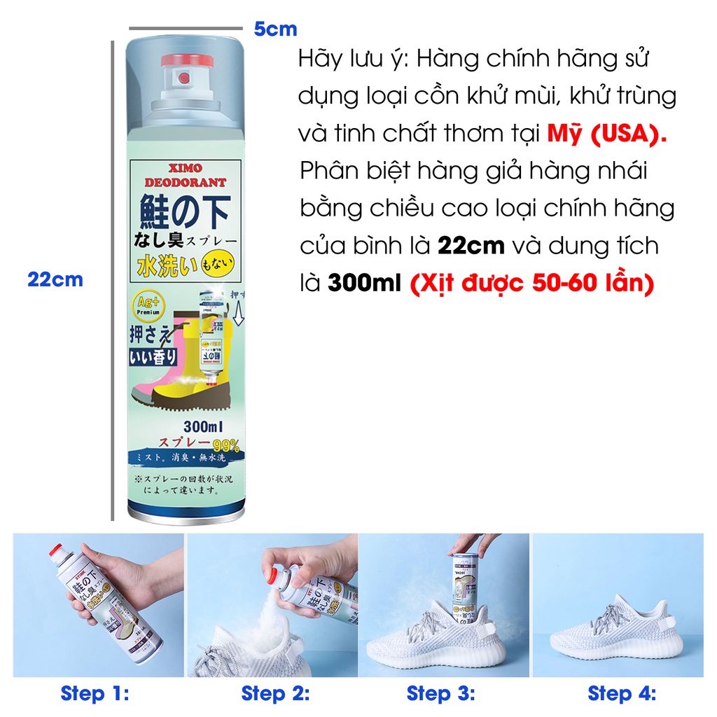 Bình Xịt Khử Mùi Hôi Chân Và Làm Sạch Mùi Giày Ximo Cao Cấp 300ml, Loại Bỏ Vi Khuẩn, Ngăn Mồ Hôi Công Nghệ Bạc AG+