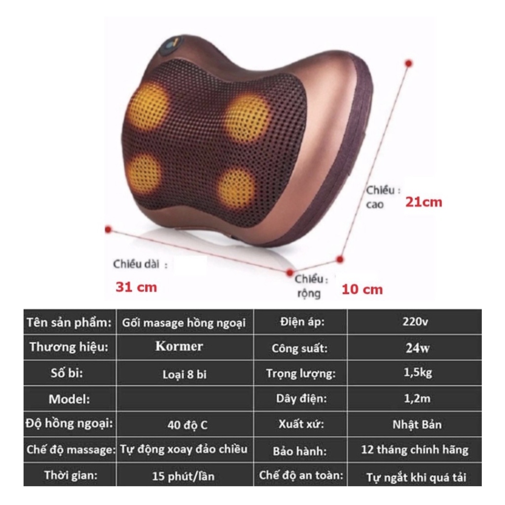 Gối Massage Hồng Ngoại 8 Bi Đa Năng Massage Vai Gáy Cổ Lưng Toàn Thân - LAVITA