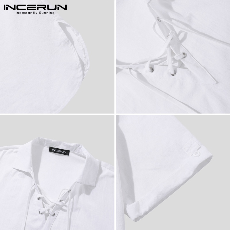 Áo sơ mi INCERUN màu trắng ngắn tay cột dây ở cổ thời trang hè cho nam