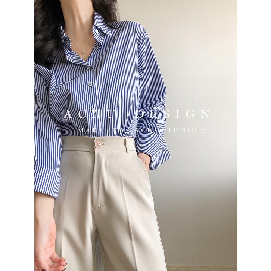 Áo sơ mi dài tay kẻ sọc dọc màu xanh trắng cho nữ
