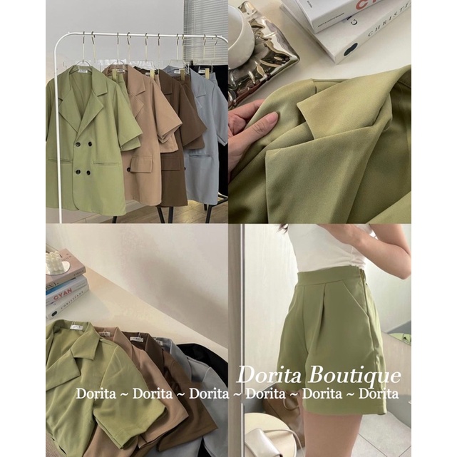 Set áo vest trơn basic cộc tay kèm quần short form oversize, Set áo Blazer kèm quần short Hàn Quốc