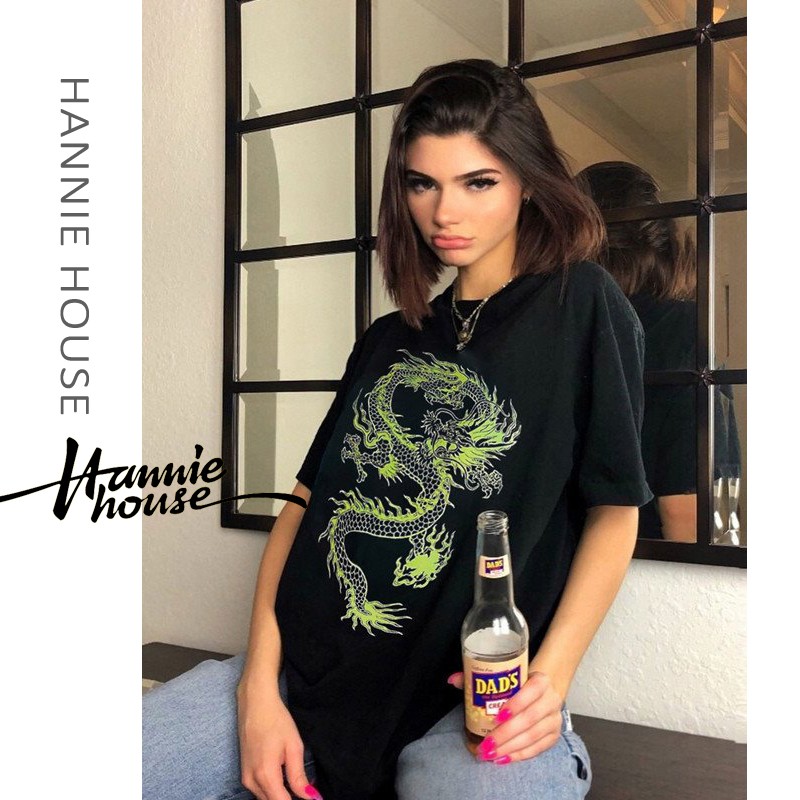 Áo Thun Nữ Dáng Dài Rộng In Hình Rồng Trung Hoa Thời Trang