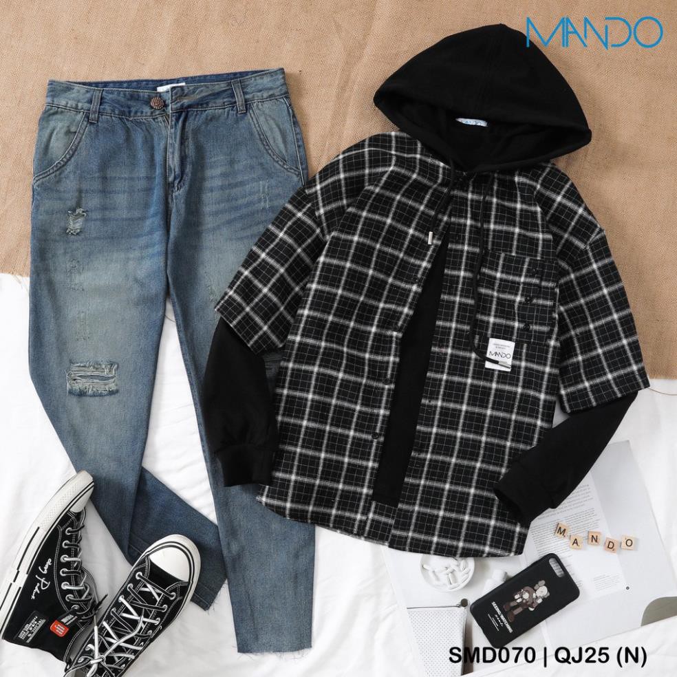 Áo Sơ Mi Nam Caro Khoác Ngoài Có Mũ  Dài Tay Mix Áo Phông Trắng Hottrend Form Rộng Unisex MANDO Hot Nhất 2020-SMD070 💝 ˇ