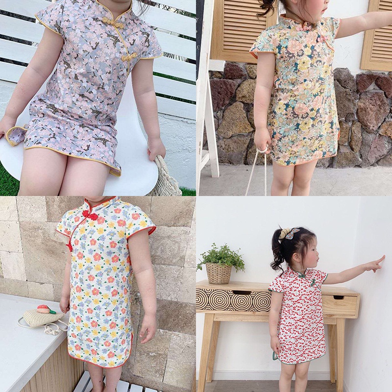 Đầm sườn xám họa tiết hoa nhiều màu phong cách Trung Hoa cổ điển mừng năm mới cho bé gái