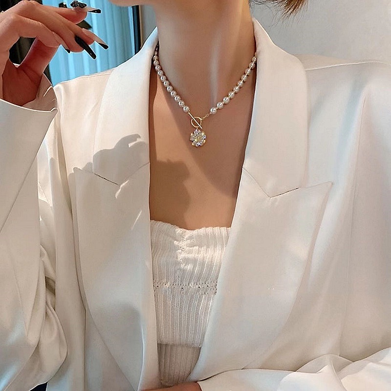 Vòng cổ Ngọc Trai Mặt Hình Bông Hoa Phong Cách Hàn Quốc Thời Trang Cho Nữ