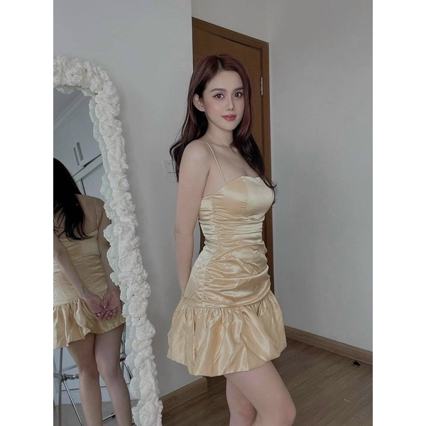 Đầm body phi nhún đuôi cá 2 dây / Xanh, vàng