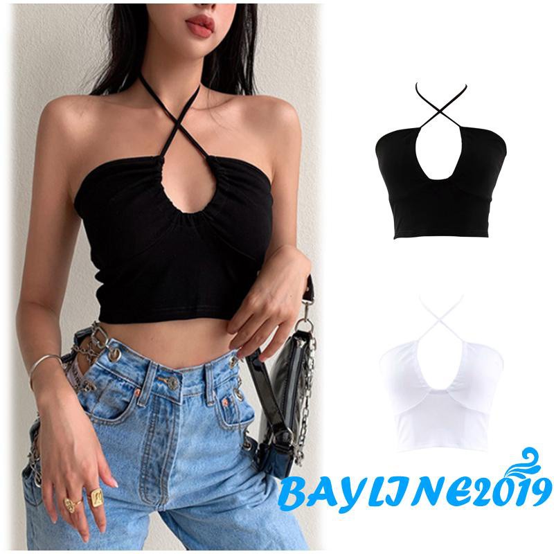 Áo Croptop Sát Nách Có Dây Thắt Chéo Màu Sắc Đơn Giản Quyến Rũ Cho Nữ