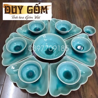 Bộ bát đĩa án men thuỷ tinh xanh - Gốm sứ Bát Tràng