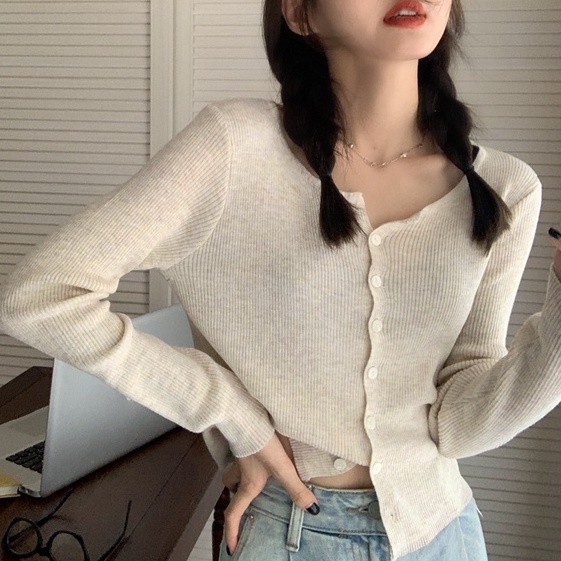 45387 New style basic single-breasted long-sleeved knitted cardigan t-shirt woman top