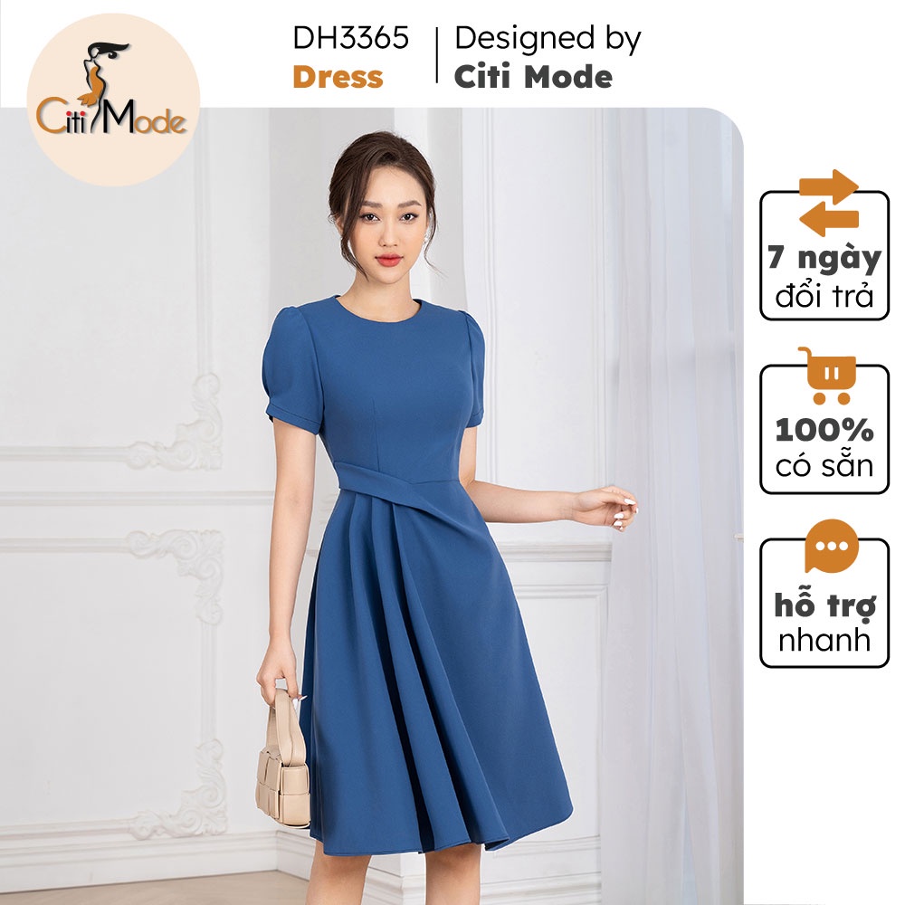 Đầm xòe xanh công sở CITI MODE xếp ly 1 bên chất vải co giãn 2 chiều DH3365