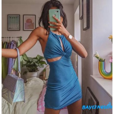 BAY-Women Fashion Halter Backless Dress Stylish Sleeveless Hollow Out Solid Color Dress