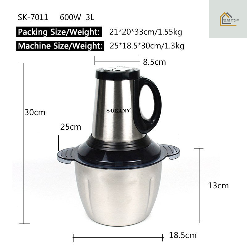 Máy xay thịt , máy xay đa năng Sokany 7011 4 lưỡi cối 3L Inox 304 công suất lớn 600w Hàng chính hãng BH 12 tháng