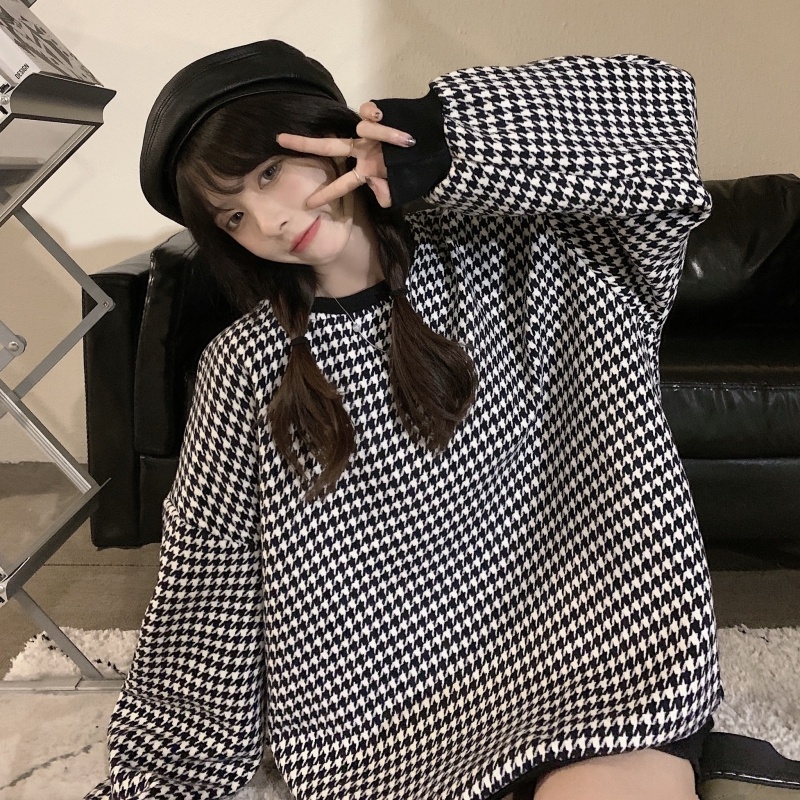 ZHELIHANGFEI Áo Thun Tay Dài Form Rộng Họa Tiết Houndstooth