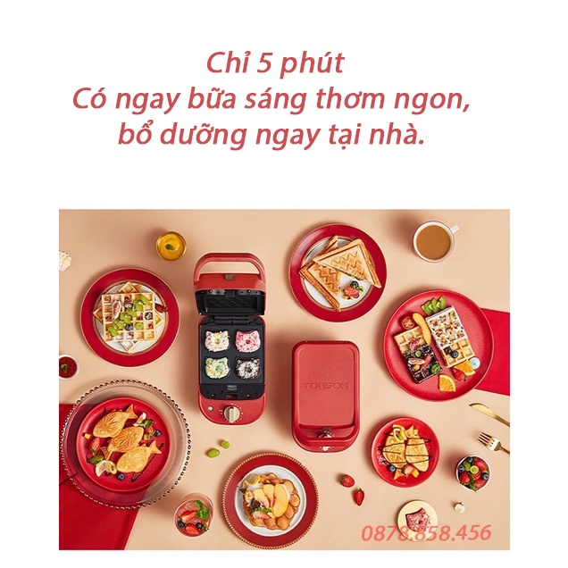 Máy Nướng Bánh Mì Kẹp TORSOM - Phiên bản hẹn giờ - Máy Làm Bánh Mỳ Sandwich - Kèm 5 khuôn