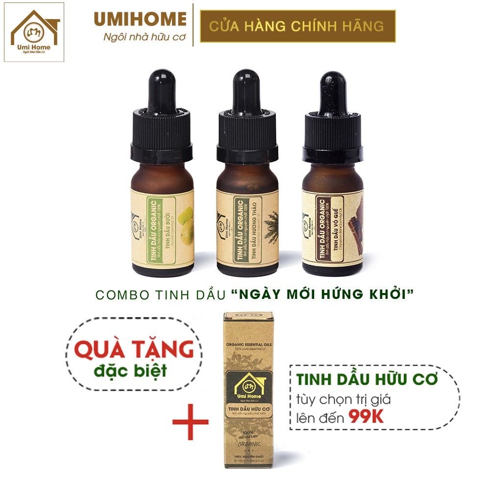 Combo 3 loại Tinh Dầu UMIHOME gồm Bưởi, Vỏ Quế, Hương Thảo (10mlx3) hữu cơ nguyên chất