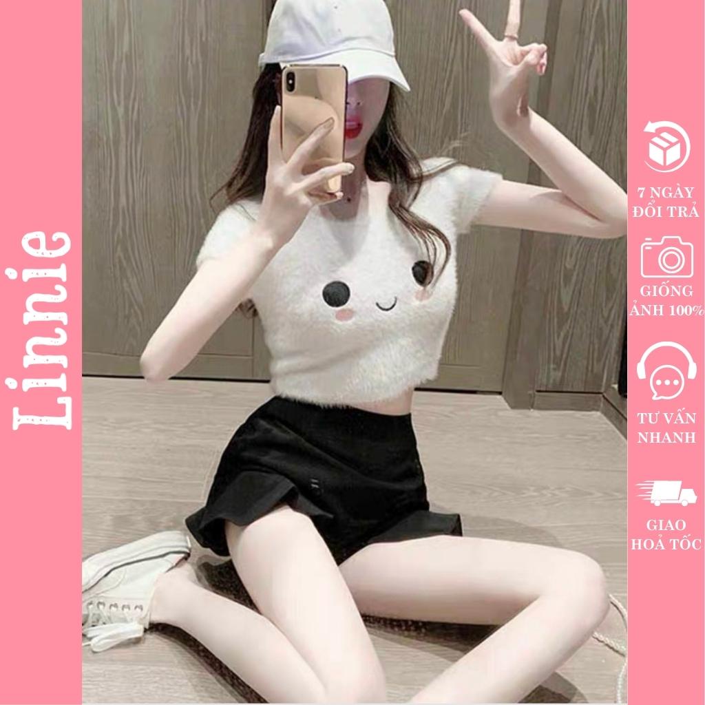 Áo croptop nữ thêu hình mèo dễ thương, chất vải lông mềm mịn mặc ấm Linnie L13