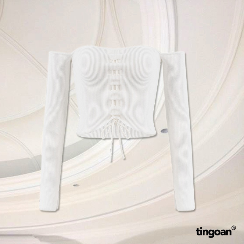 TINGOAN®  - Áo len xù trắng trễ vai rút dây tay dài sẻ vạt LUCIA TOP/WH