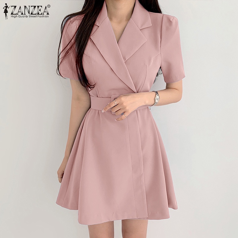 Đầm ZANZEA dáng chữ A tay ngắn có dây thắt lưng phong cách Hàn Quốc thời trang dành cho nữ
