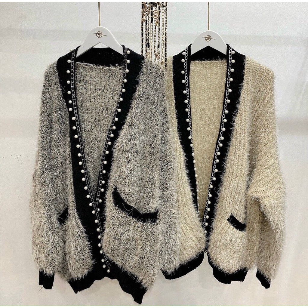 Cardigan len lông nhũ viền ngọc sang chảnh