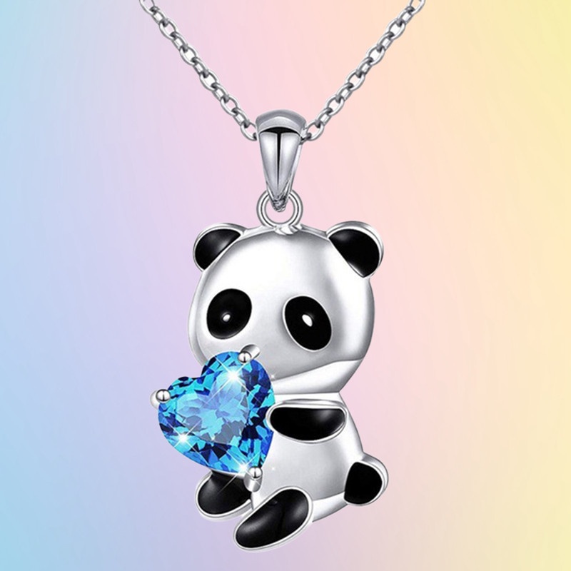 Vòng cổ Mặt Gấu Trúc Đính Đá Sapphire Trái Tim Dễ Thương Cho Nữ