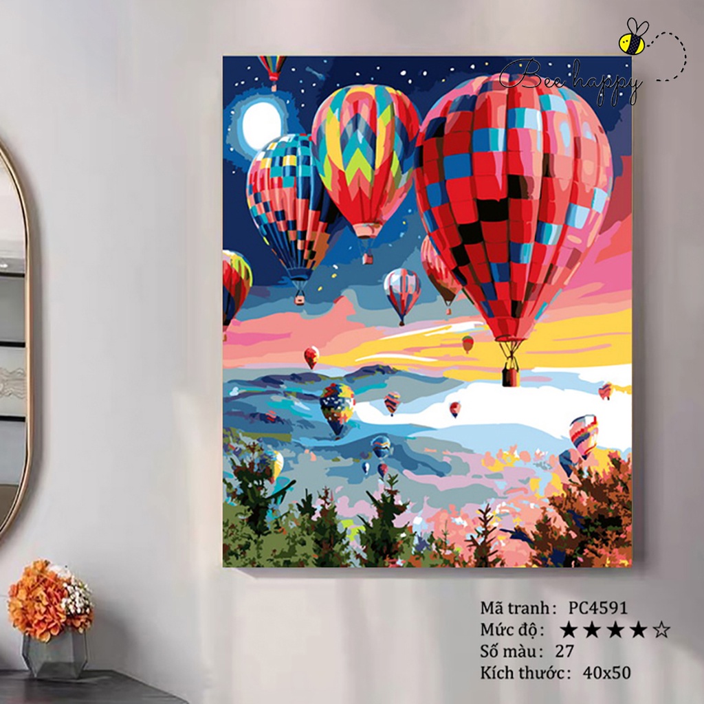 Tranh tô màu theo số Khinh khí cầu hy vọng BEE HAPPY cao cấp màu 5ml, 2 bộ cọ có sẵn mã PC4591