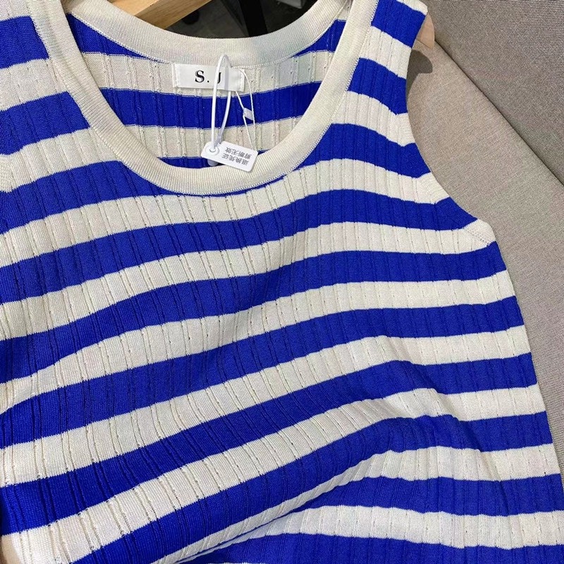 Đầm Dệt Kim Sát Nách Cổ Tròn Họa Tiết Kẻ Sọc Thời Trang Mùa Hè Cho Nữ