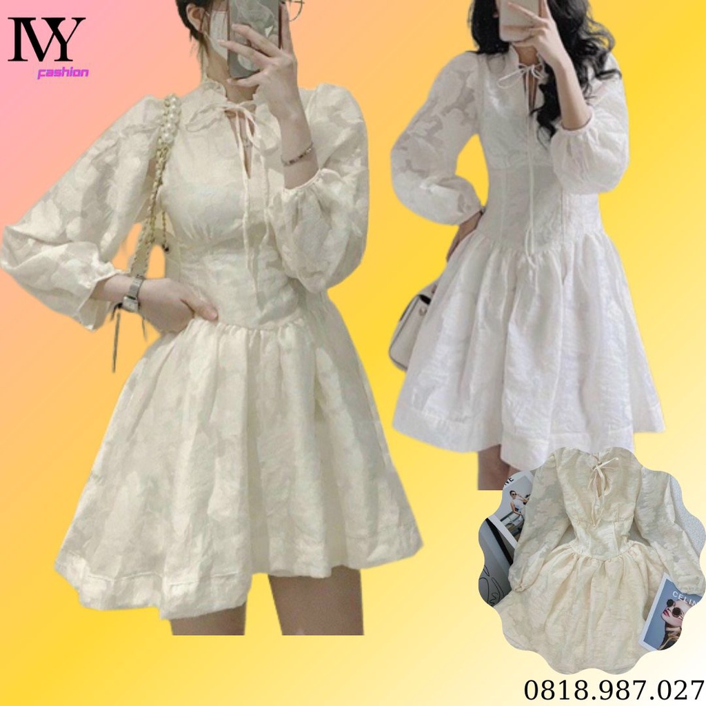Đầm xoè tay phồng 🏆 ren hoa 🏆 cổ V nơ cổ xếp ly eo đi biển dự tiệc cao cấp size S M L bigsize chiết eo tôn dáng dạo phố